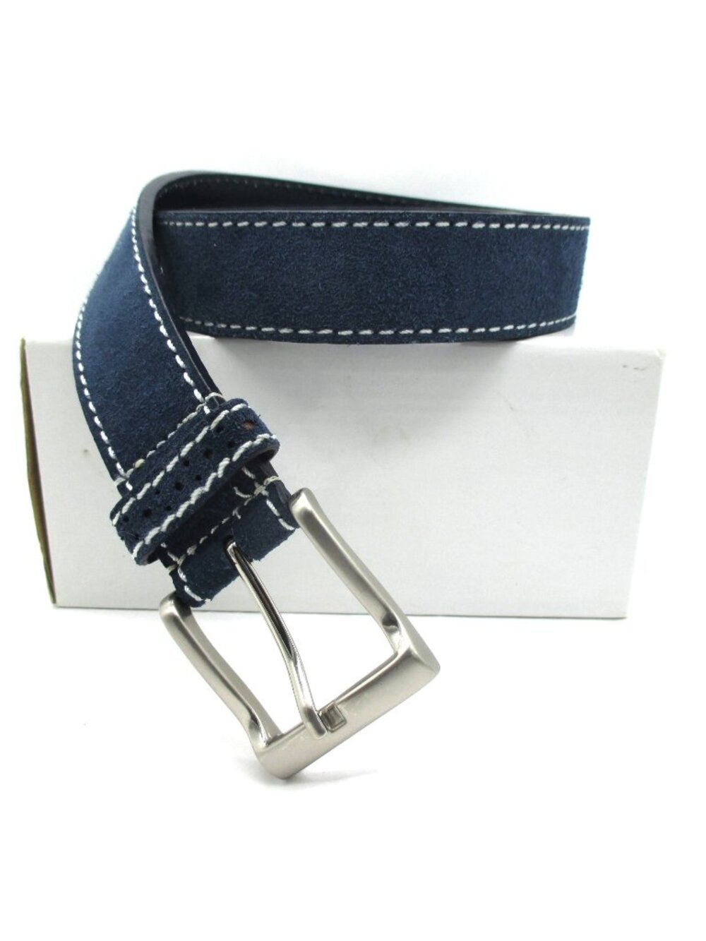 Florsheim Men's Calf Skin Suede Leather Belt Navy / White Stitch NWT 44 Luxury